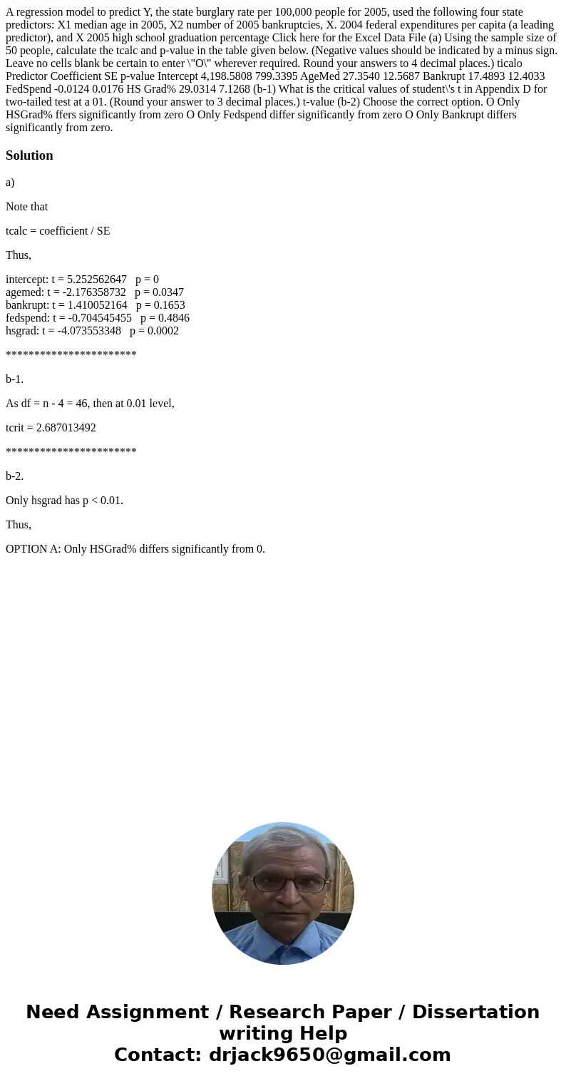  A regression model to predict Y, the state burglary rate per 100,000 people for 2005, used the following four state predictors: X1 median age in 2005, X2 numbe