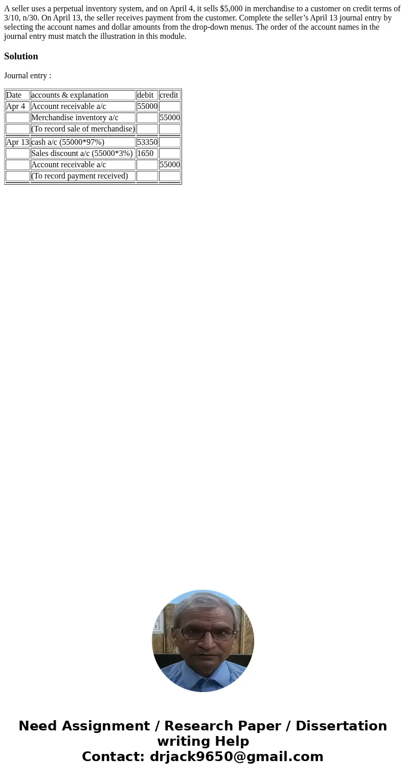 A seller uses a perpetual inventory system, and on April 4, it sells $5,000 in merchandise to a customer on credit terms of 3/10, n/30. On April 13, the seller 