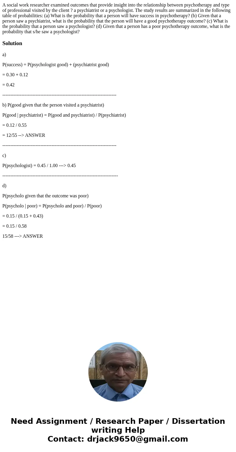  A social work researcher examined outcomes that provide insight into the relationship between psychotherapy and type of professional visited by the client ? a 