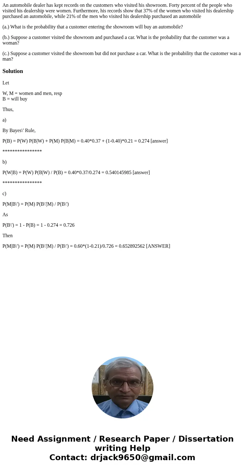 An automobile dealer has kept records on the customers who visited his showroom. Forty percent of the people who visited his dealership were women. Furthermore,