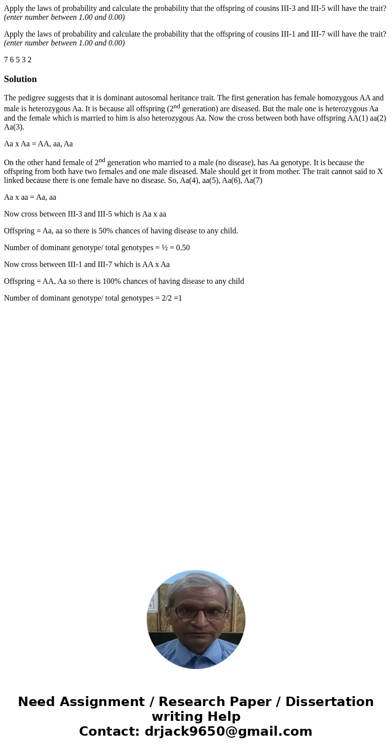 Apply the laws of probability and calculate the probability that the offspring of cousins III-3 and III-5 will have the trait? (enter number between 1.00 and 0. Apply the laws of probability and calculate the probability that the offspring of cousins III-3 and III-5 will have the trait? (enter number between 1.00 and 0.