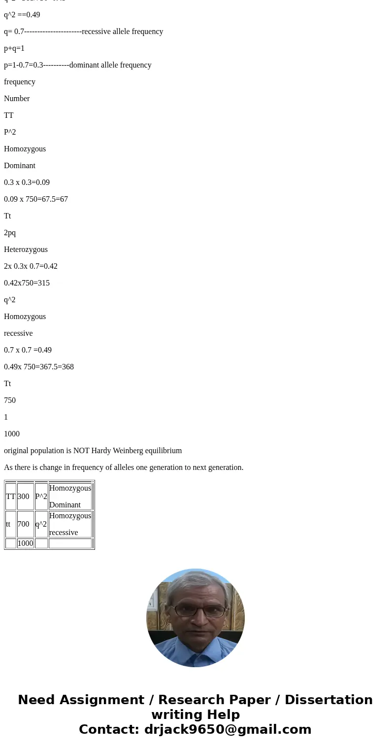 Assume a population of pea plants consists of 300 TT and 700 tt, with T (tall) dominant to t (short). A. What are the phenotypic, genotypic, and allele frequenc