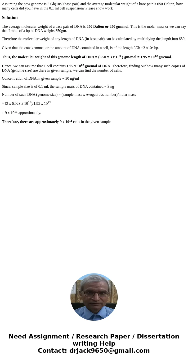 Assuming the cow genome is 3 Gb(10^9 base pair) and the average molecular weight of a base pair is 650 Dolton, how many cells did you have in the 0.1 ml cell su