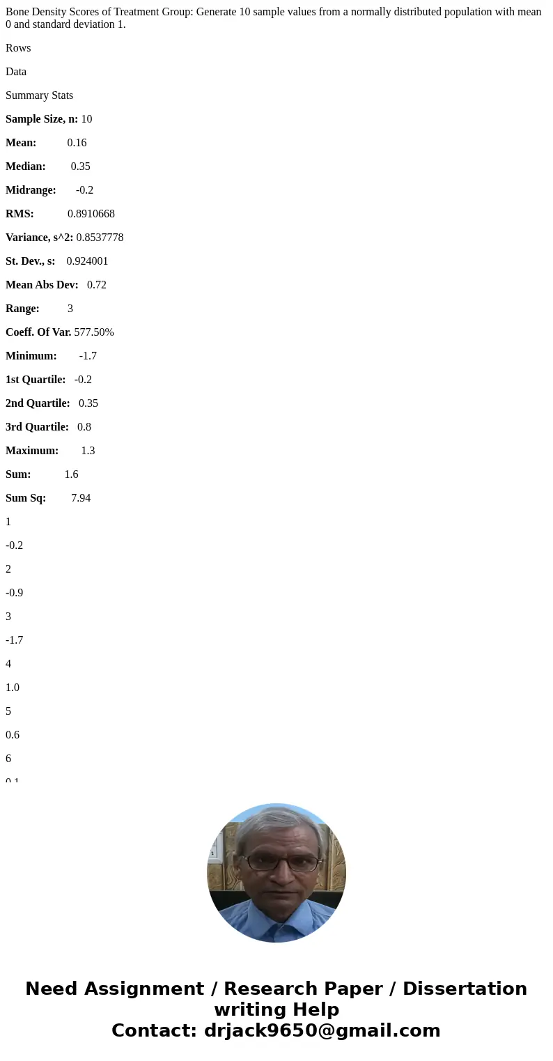 Bone Density Scores of Treatment Group: Generate 10 sample values from a normally distributed population with mean 0 and standard deviation 1. Rows Data Summary Bone Density Scores of Treatment Group: Generate 10 sample values from a normally distributed population with mean 0 and standard deviation 1. Rows Data Summary