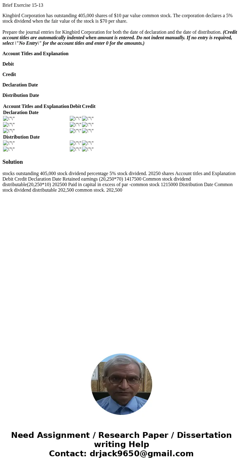 Brief Exercise 15-13 Kingbird Corporation has outstanding 405,000 shares of $10 par value common stock. The corporation declares a 5% stock dividend when the fa