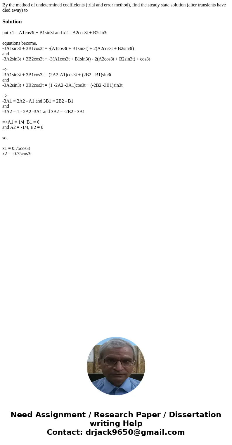  By the method of undetermined coefficients (trial and error method), find the steady state solution (alter transients have died away) to Solutionput x1 = A1cos