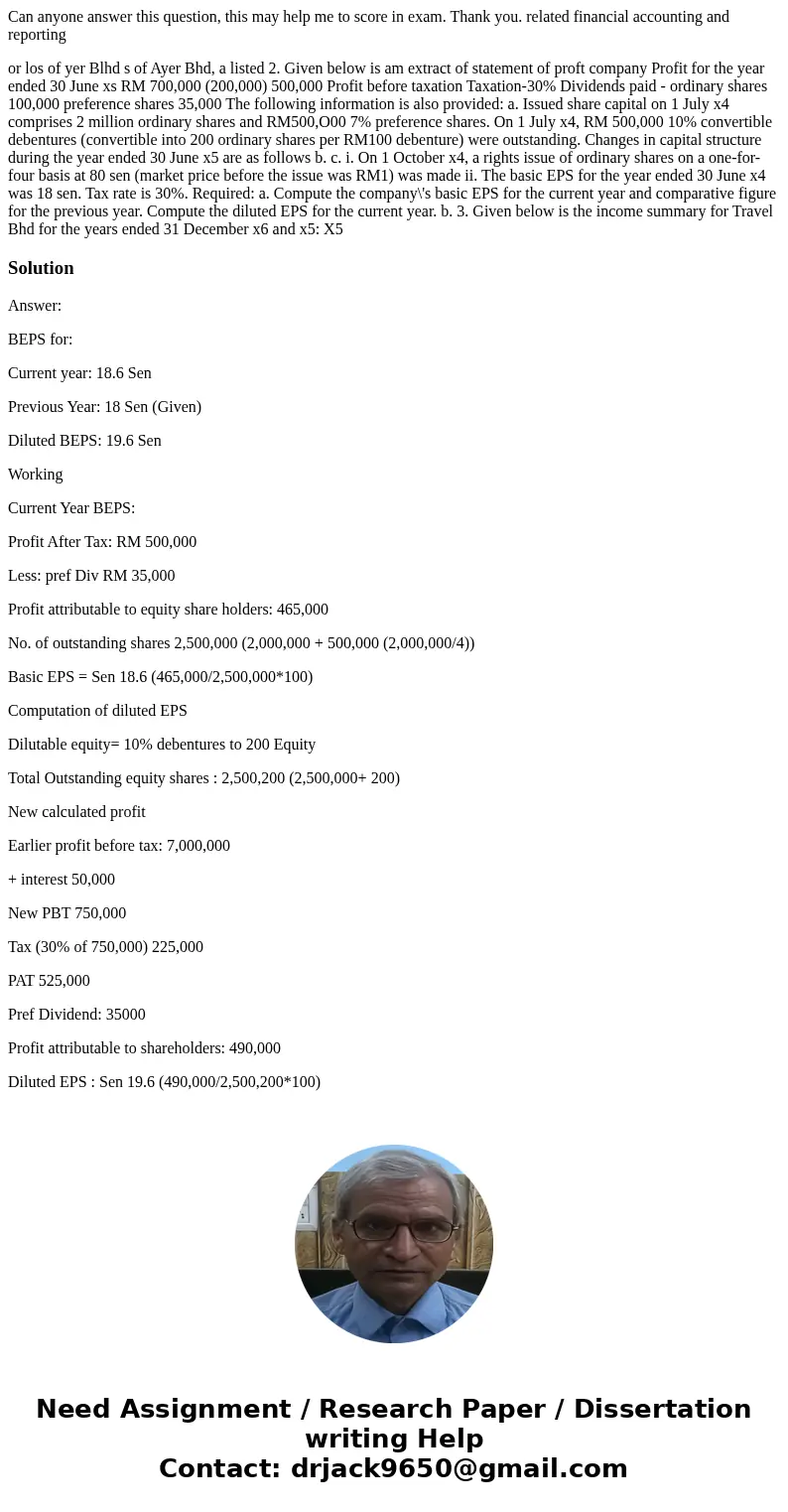  Can anyone answer this question, this may help me to score in exam. Thank you. related financial accounting and reporting or los of yer Blhd s of Ayer Bhd, a l