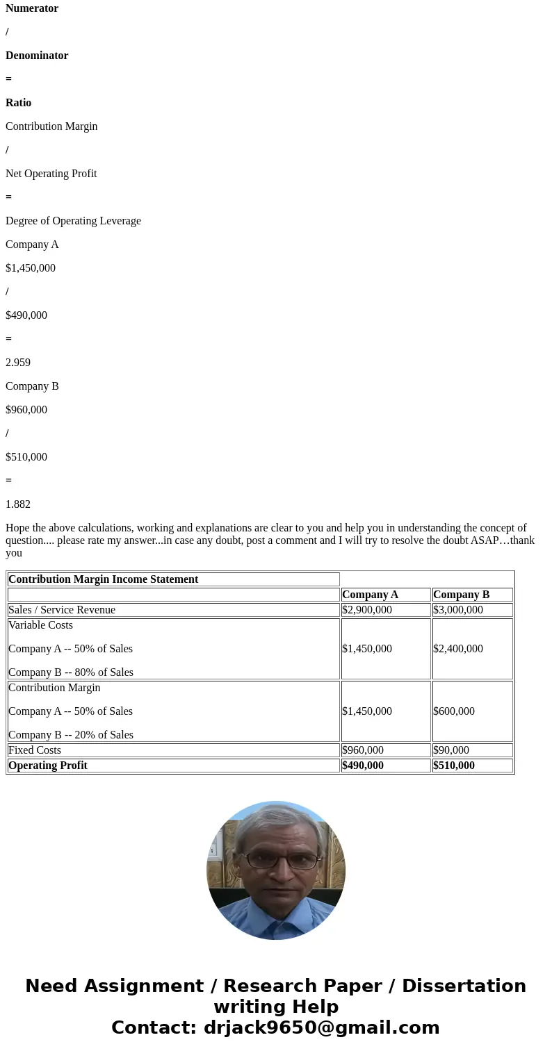  Check r Company A is a manufacturer with current sales of $2,900,000 and a 50% contribution margin. Its Company B is a consulting firm with current service rev