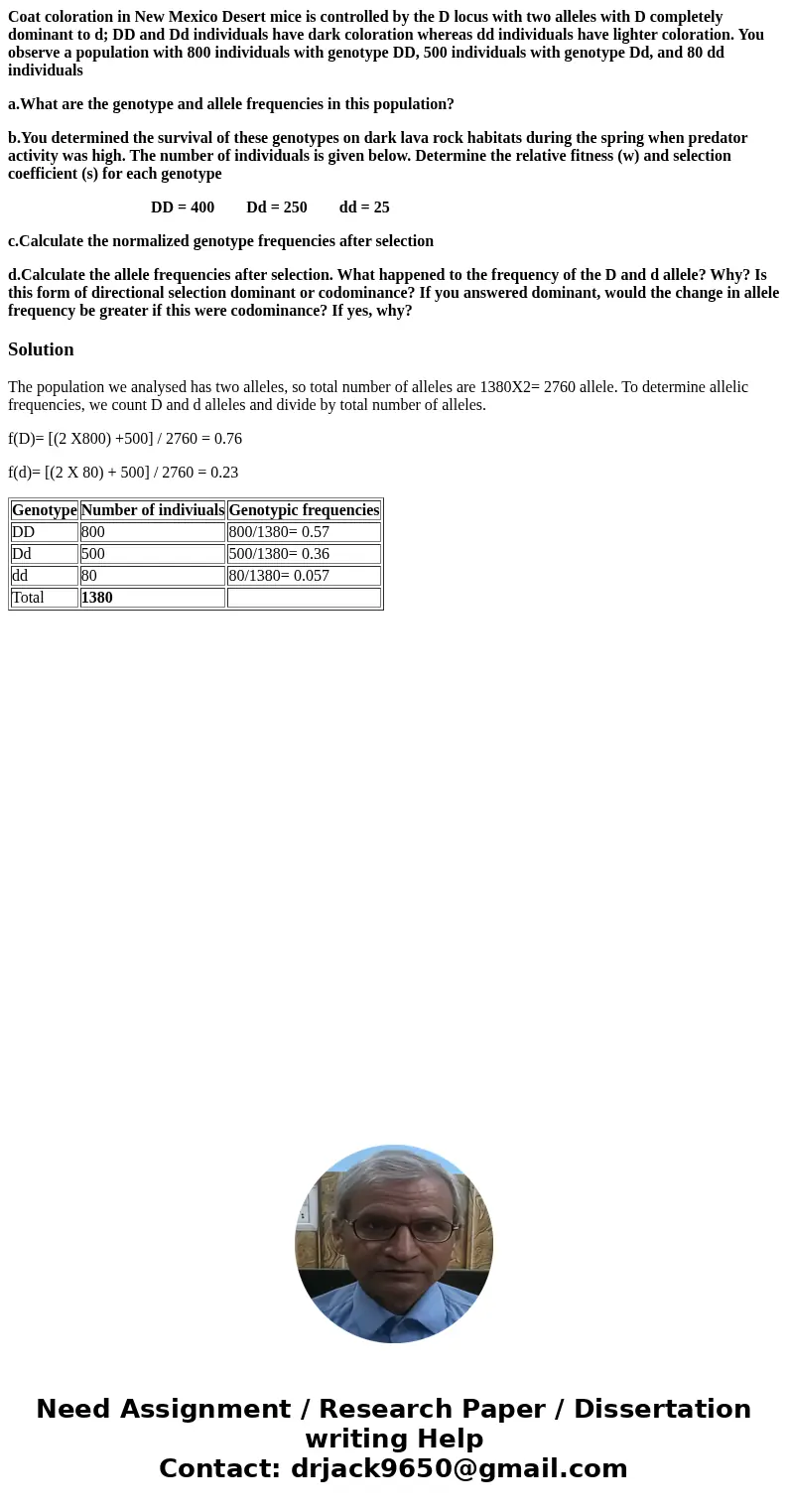 Coat coloration in New Mexico Desert mice is controlled by the D locus with two alleles with D completely dominant to d; DD and Dd individuals have dark colorat
