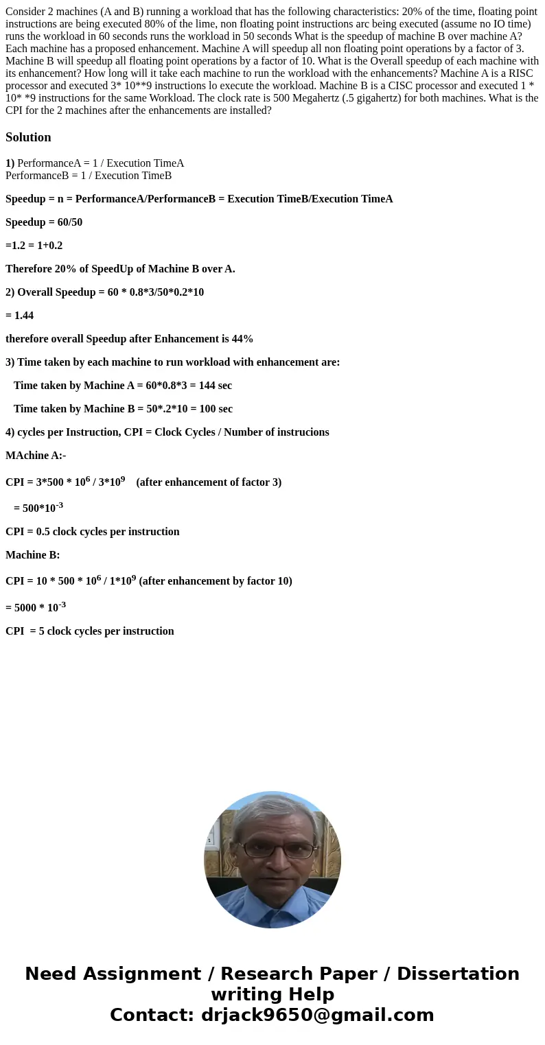  Consider 2 machines (A and B) running a workload that has the following characteristics: 20% of the time, floating point instructions are being executed 80% of