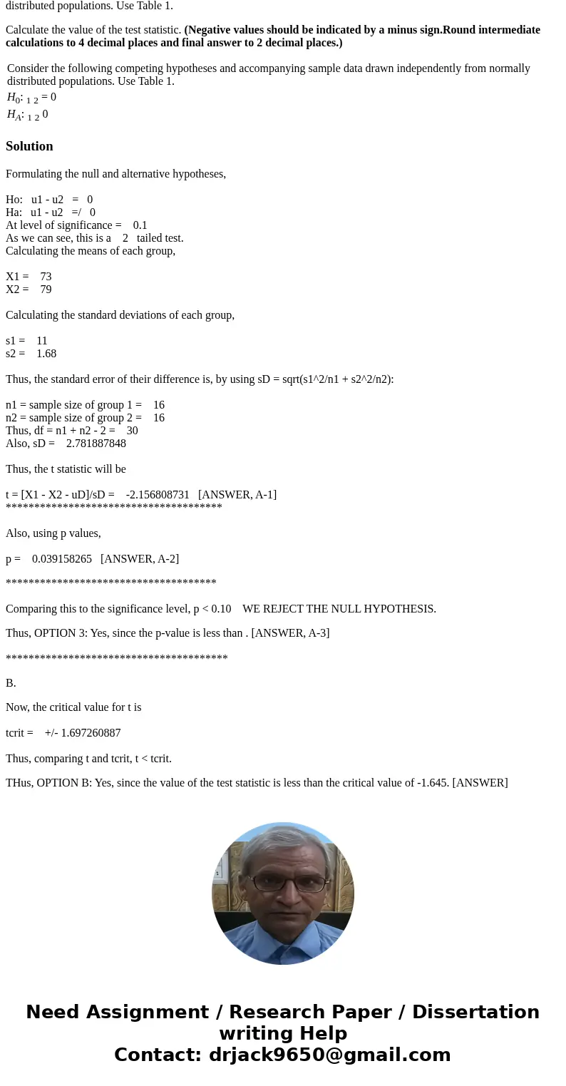 Consider the following competing hypotheses and accompanying sample data drawn independently from normally distributed populations. Use Table 1. Calculate the v