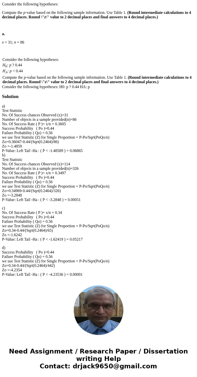 Consider the following hypotheses: Compute the p-value based on the following sample information. Use Table 1. (Round intermediate calculations to 4 decimal pla