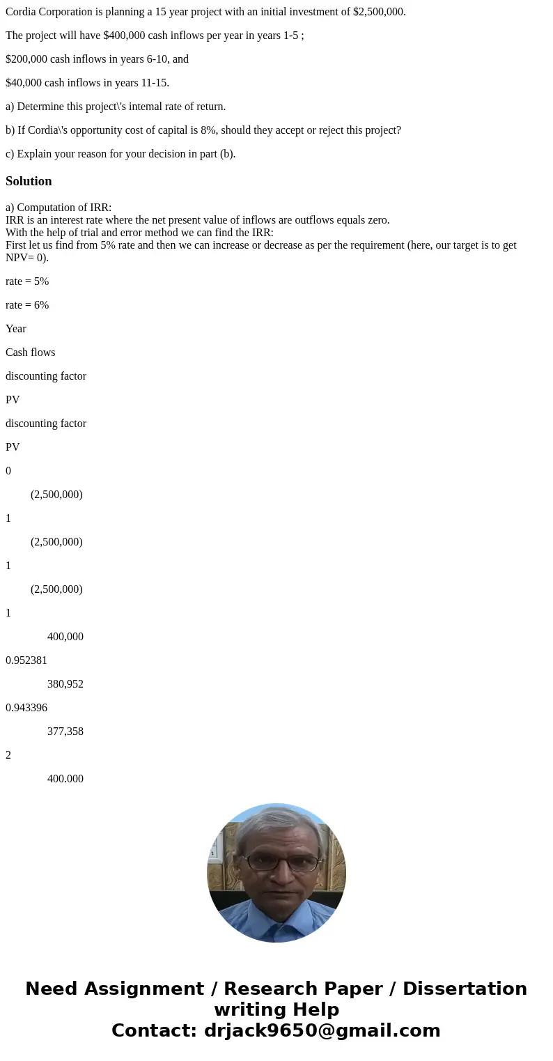 Cordia Corporation is planning a 15 year project with an initial investment of $2,500,000. The project will have $400,000 cash inflows per year in years 1-5 ; $