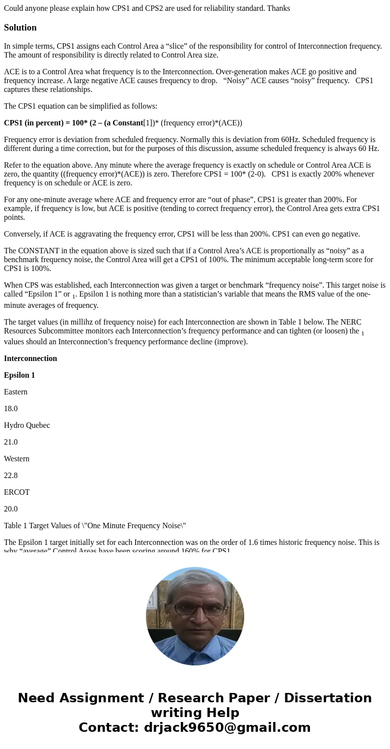 Could anyone please explain how CPS1 and CPS2 are used for reliability standard. ThanksSolutionIn simple terms, CPS1 assigns each Control Area a “slice” of the  Could anyone please explain how CPS1 and CPS2 are used for reliability standard. ThanksSolutionIn simple terms, CPS1 assigns each Control Area a “slice” of the
