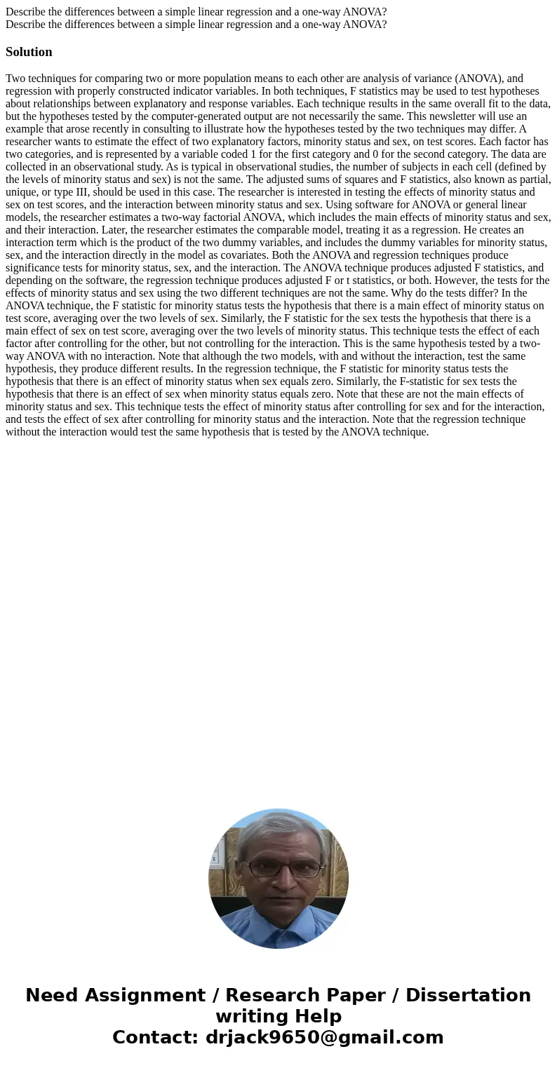 Describe the differences between a simple linear regression and a one-way ANOVA? Describe the differences between a simple linear regression and a one-way ANOV  Describe the differences between a simple linear regression and a one-way ANOVA? Describe the differences between a simple linear regression and a one-way ANOV