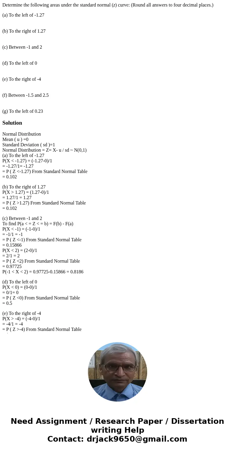 Determine the following areas under the standard normal (z) curve: (Round all answers to four decimal places.) (a) To the left of -1.27 (b) To the right of 1.27