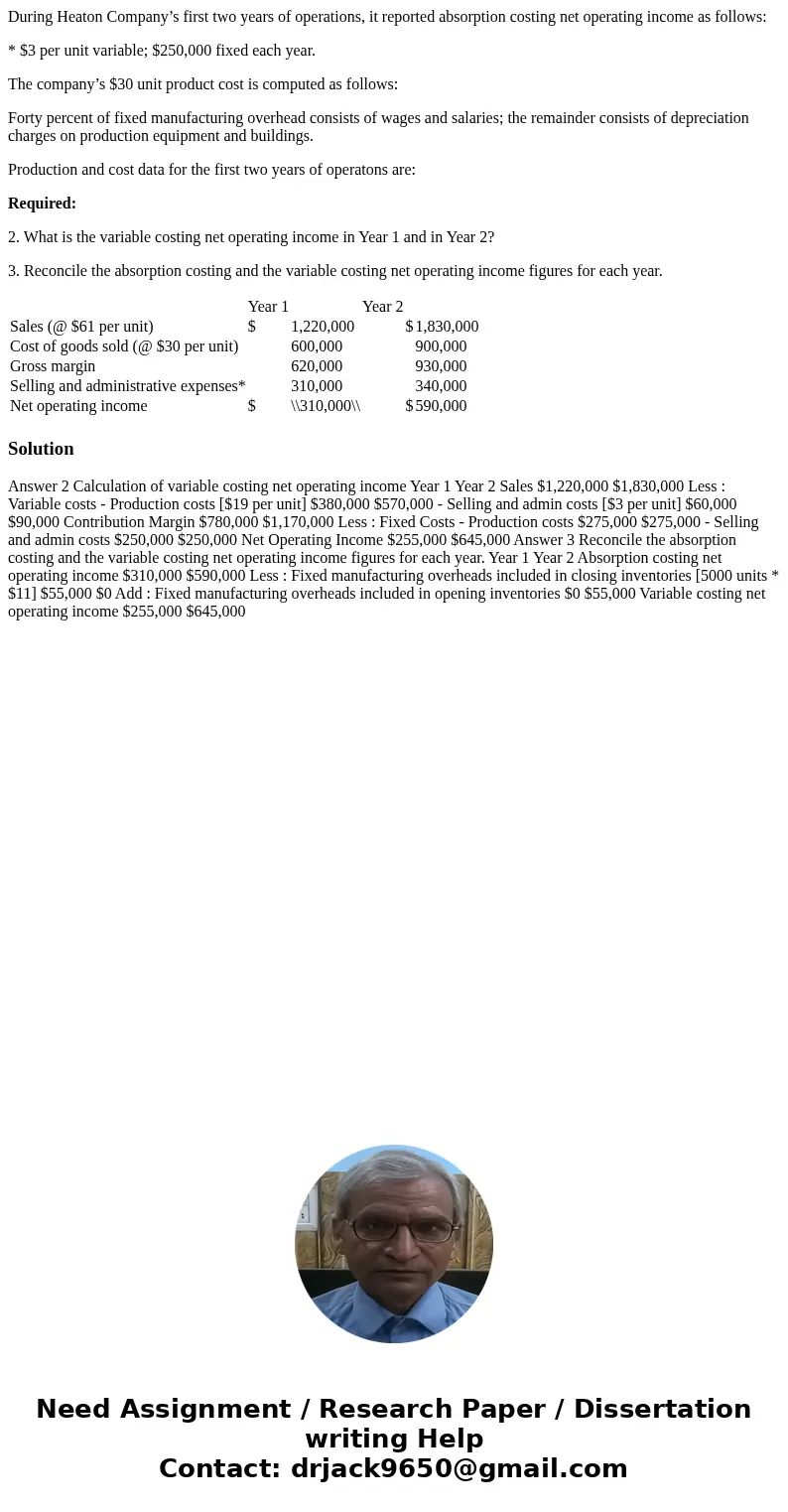During Heaton Company’s first two years of operations, it reported absorption costing net operating income as follows: * $3 per unit variable; $250,000 fixed ea
