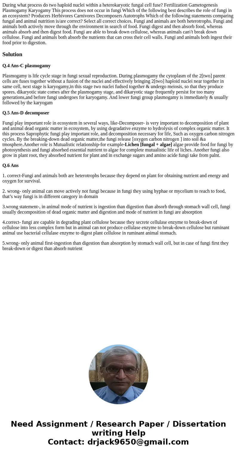  During what process do two haploid nuclei within a heterokaryotic fungal cell fuse? Fertilization Gametogenesis Plasmogamy Karyogamy This process does not occu