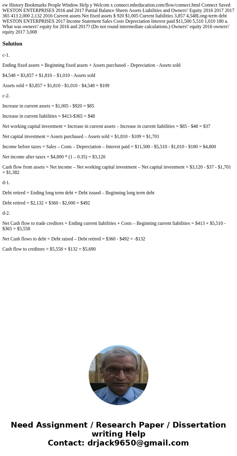  ew History Bookmarks People Window Help y Welcom x connect.mheducation.com/flow/connect.html Connect Saved WESTON ENTERPRISES 2016 and 2017 Partial Balance She