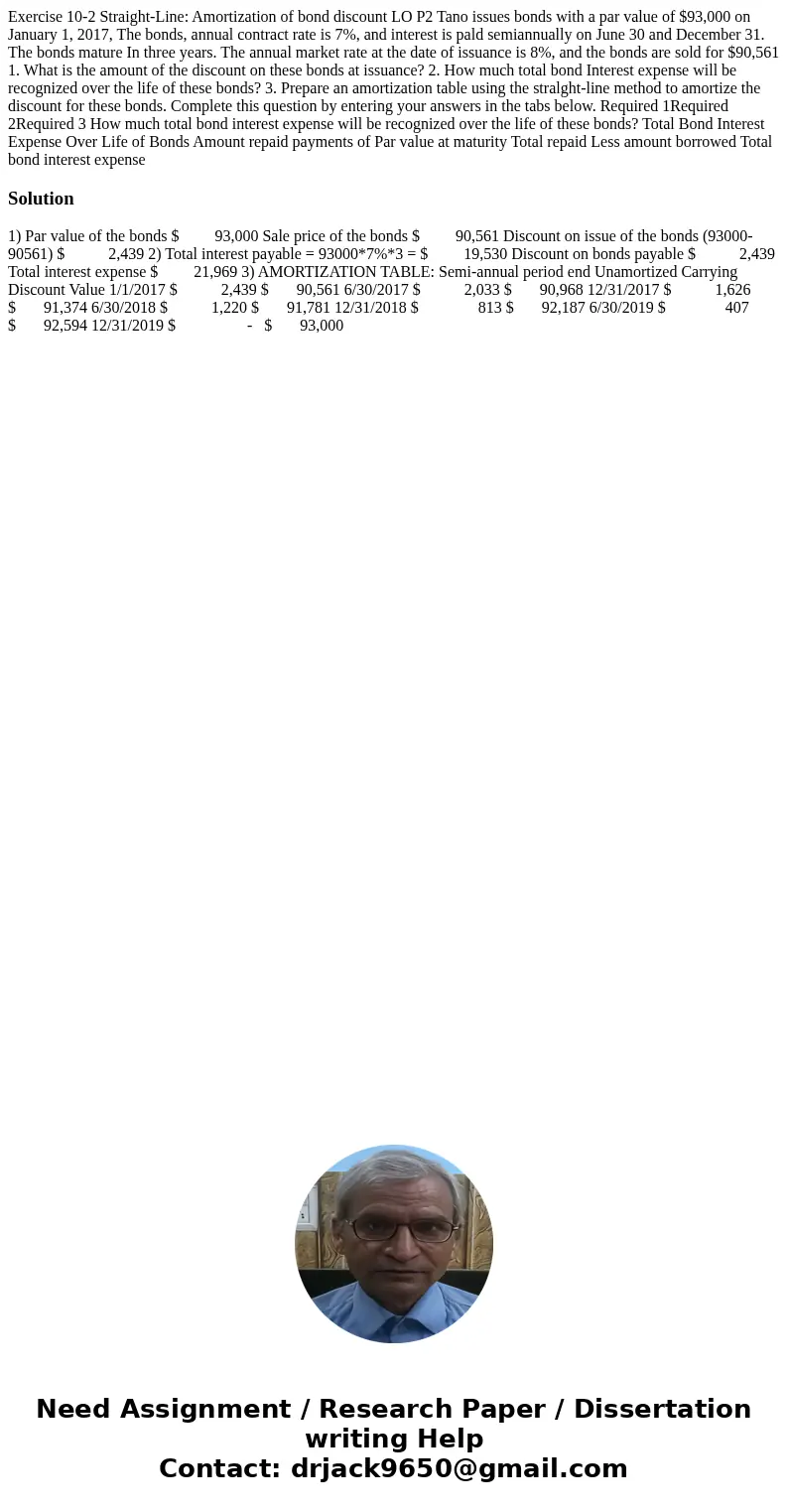  Exercise 10-2 Straight-Line: Amortization of bond discount LO P2 Tano issues bonds with a par value of $93,000 on January 1, 2017, The bonds, annual contract r