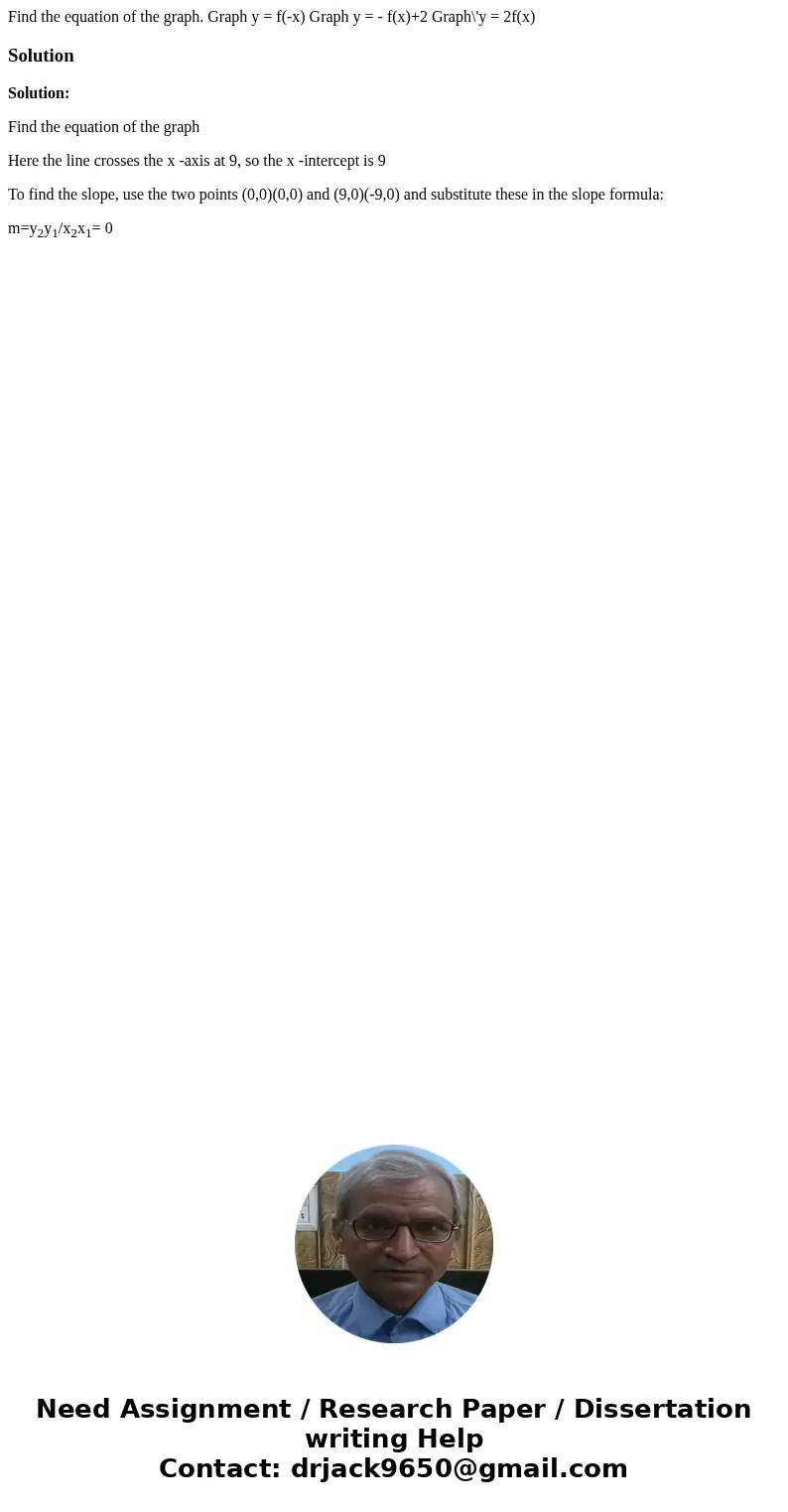  Find the equation of the graph. Graph y = f(-x) Graph y = - f(x)+2 Graph\'y = 2f(x)SolutionSolution: Find the equation of the graph Here the line crosses the x