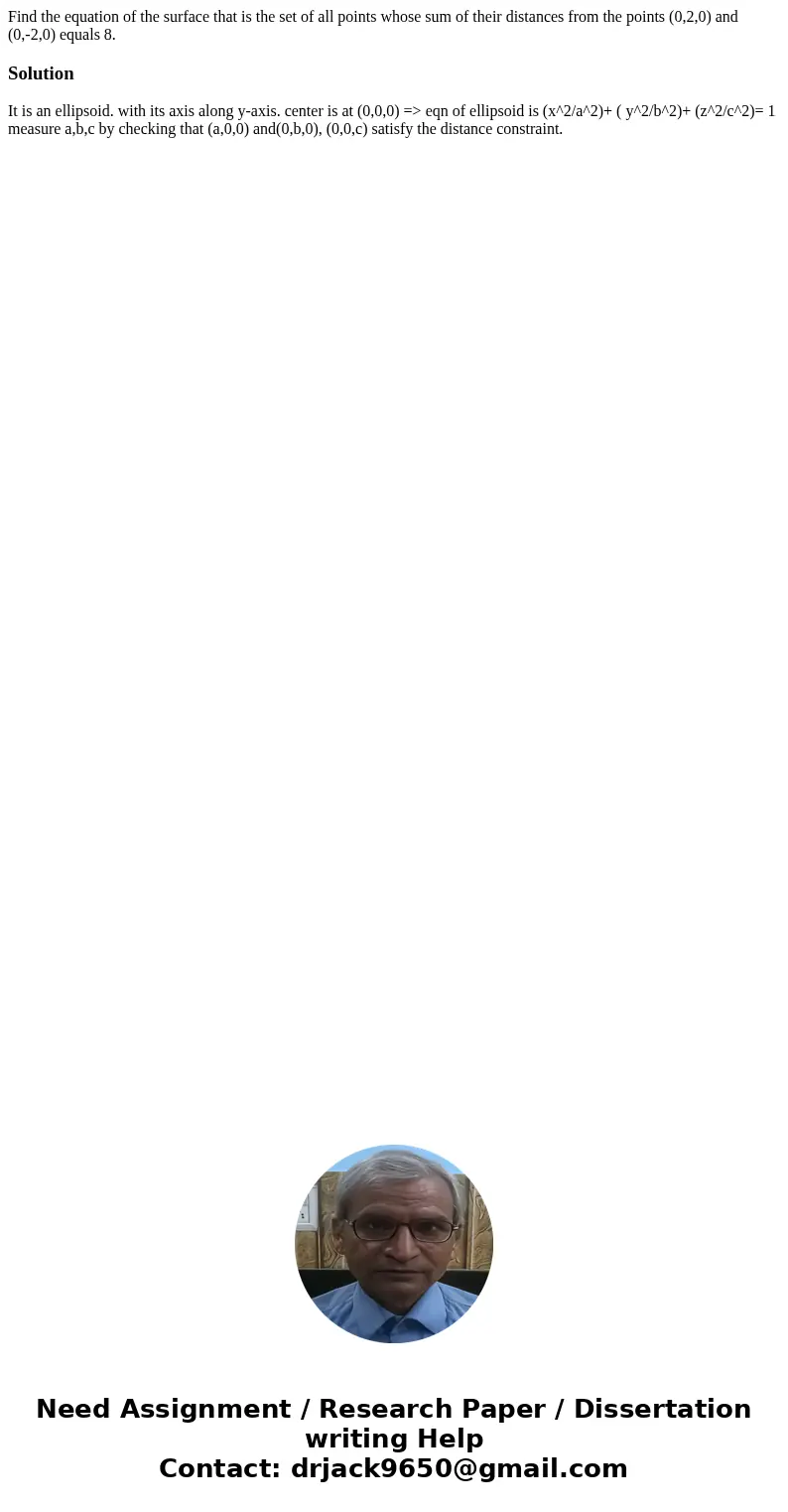 Find the equation of the surface that is the set of all points whose sum of their distances from the points (0,2,0) and (0,-2,0) equals 8.Solution It is an elli