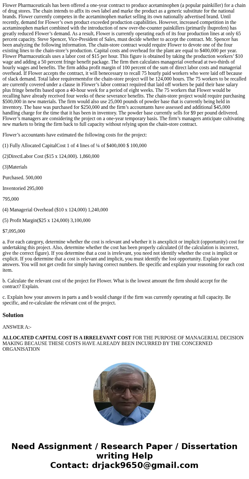 Flower Pharmaceuticals has been offered a one-year contract to produce acetaminophen (a popular painkiller) for a chain of drug stores. The chain intends to aff