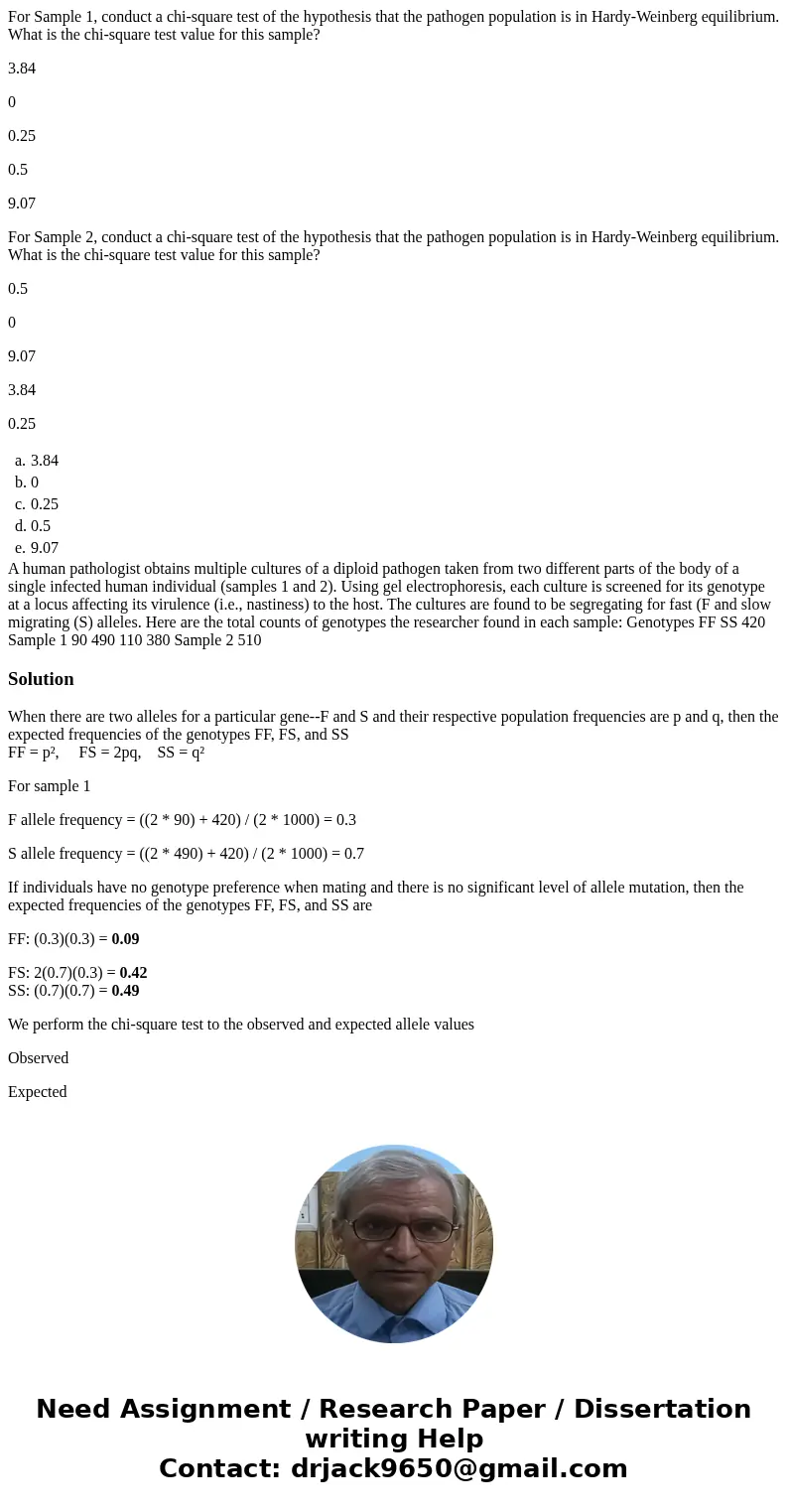 For Sample 1, conduct a chi-square test of the hypothesis that the pathogen population is in Hardy-Weinberg equilibrium. What is the chi-square test value for t