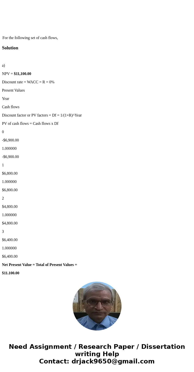 For the following set of cash flows, Solution a) NPV = $11,100.00 Discount rate = WACC = R = 0% Present Values Year Cash flows Discount factor or PV factors =   For the following set of cash flows, Solution a) NPV = $11,100.00 Discount rate = WACC = R = 0% Present Values Year Cash flows Discount factor or PV factors =