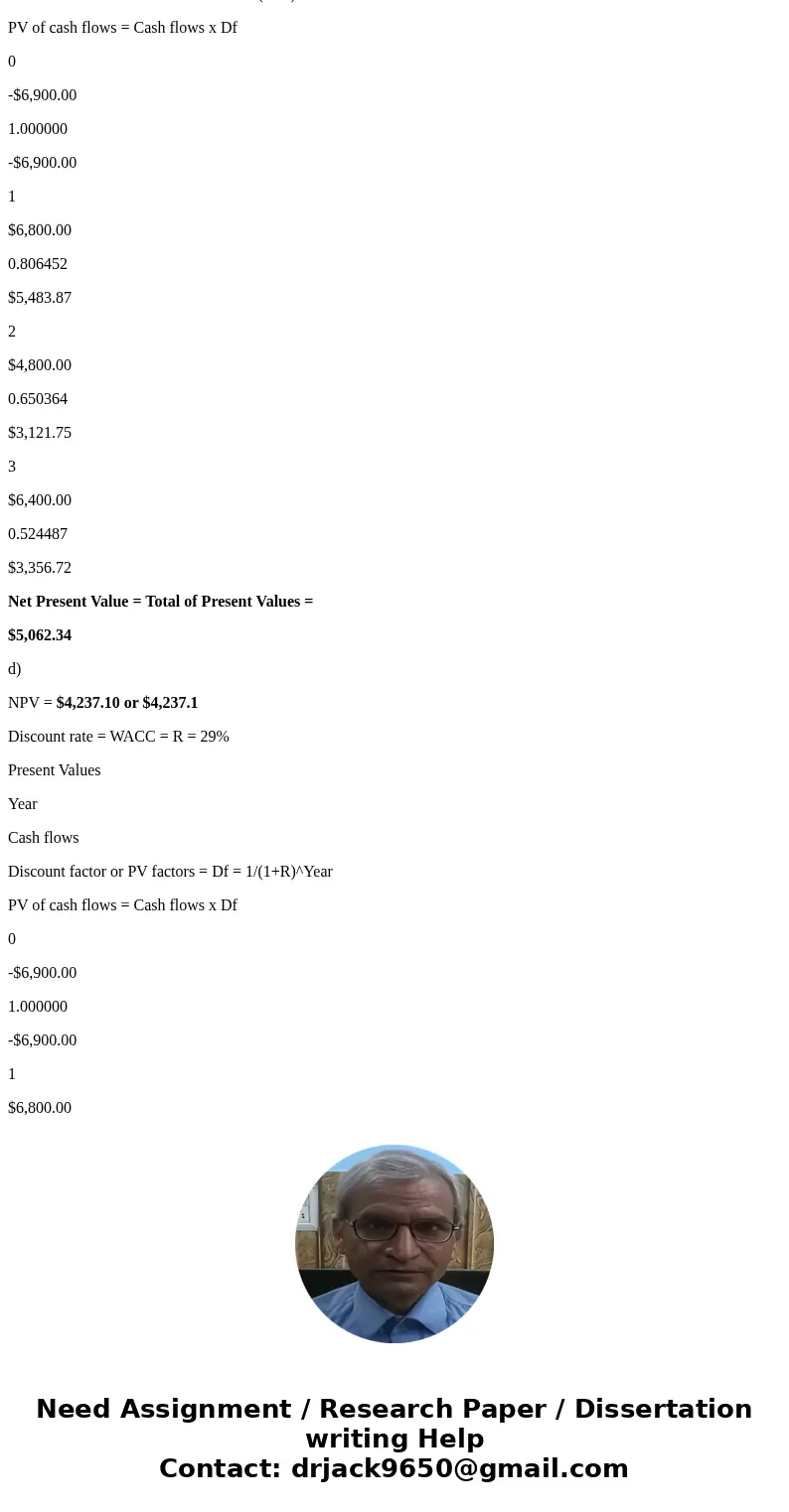 For the following set of cash flows, Solution a) NPV = $11,100.00 Discount rate = WACC = R = 0% Present Values Year Cash flows Discount factor or PV factors =   For the following set of cash flows, Solution a) NPV = $11,100.00 Discount rate = WACC = R = 0% Present Values Year Cash flows Discount factor or PV factors =