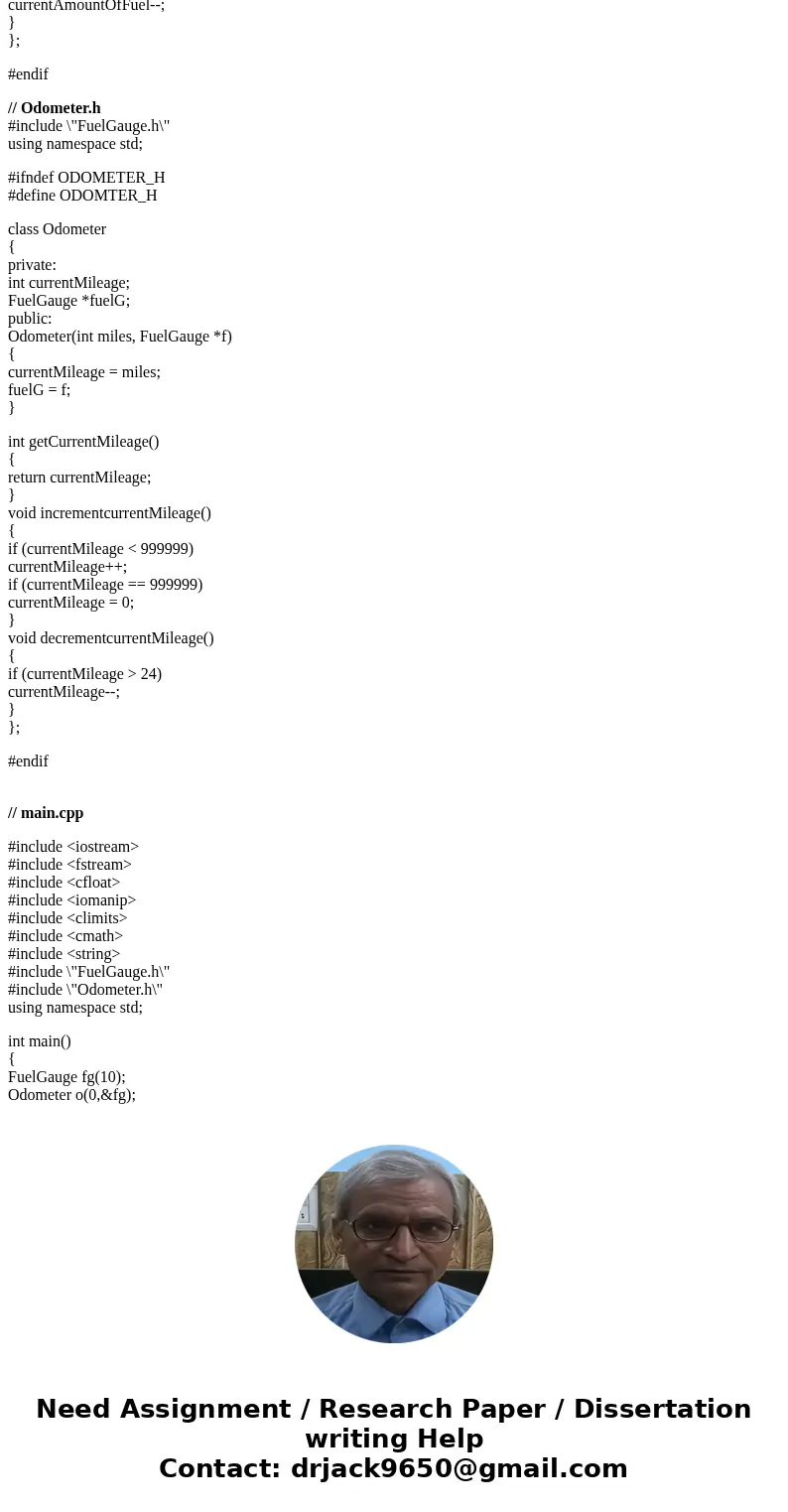 For this assignment you will design a set of classes that work together to simulate a car’s fuel gauge and odometer. The classes you will design are: • The Fuel For this assignment you will design a set of classes that work together to simulate a car’s fuel gauge and odometer. The classes you will design are: • The Fuel