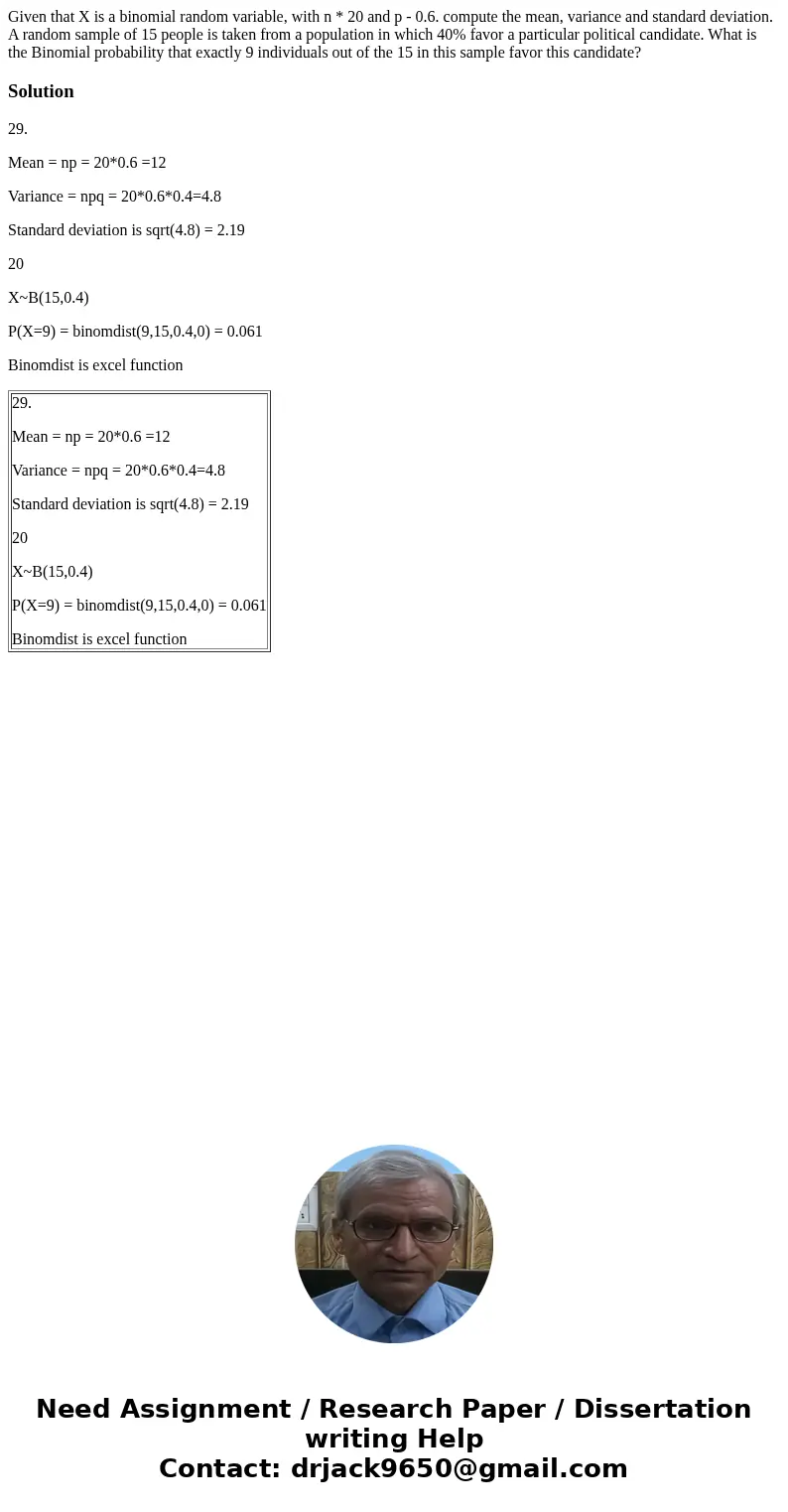  Given that X is a binomial random variable, with n * 20 and p - 0.6. compute the mean, variance and standard deviation. A random sample of 15 people is taken f
