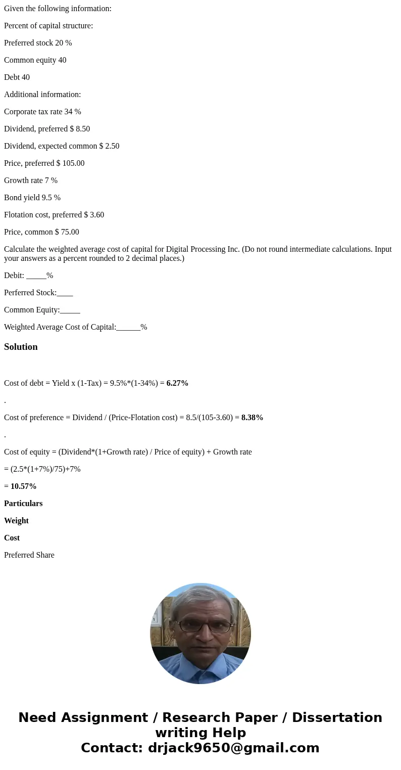 Given the following information: Percent of capital structure: Preferred stock 20 % Common equity 40 Debt 40 Additional information: Corporate tax rate 34 % Div
