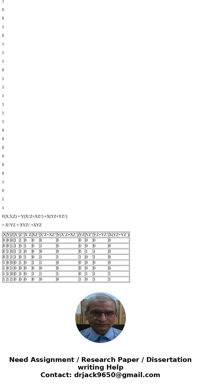 Given the function, F(x, y, z) = y(x\'z = xz\') + x(yz + yz\') List the truth table for F. SolutionX Y Z X’ Z’ X’Z XZ’ X’Z+XZ’ Y(X’Z+XZ’) YZ YZ’ YZ+YZ’ X(YZ+YZ  Given the function, F(x, y, z) = y(x\'z = xz\') + x(yz + yz\') List the truth table for F. SolutionX Y Z X’ Z’ X’Z XZ’ X’Z+XZ’ Y(X’Z+XZ’) YZ YZ’ YZ+YZ’ X(YZ+YZ
