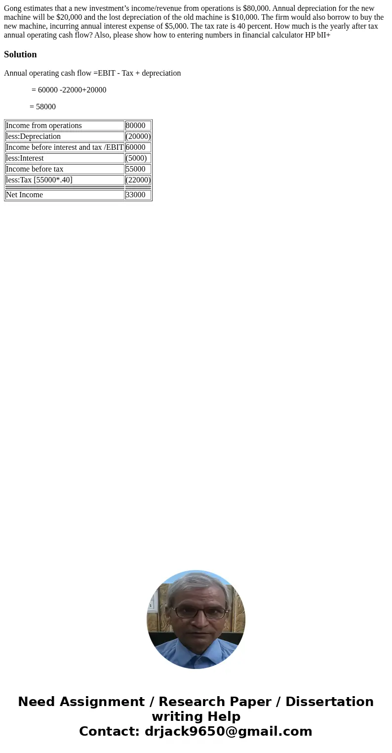 Gong estimates that a new investment’s income/revenue from operations is $80,000. Annual depreciation for the new machine will be $20,000 and the lost depreciat