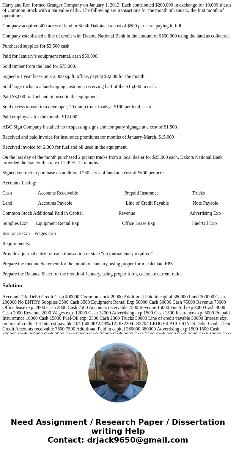 Harry and Ron formed Granger Company on January 1, 2013. Each contributed $200,000 in exchange for 10,000 shares of Common Stock with a par value of $1. The fol