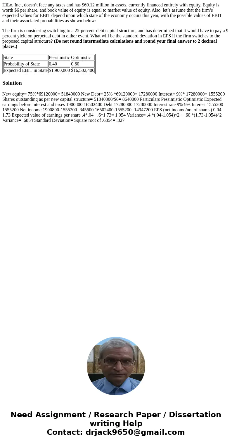 HiLo, Inc., doesn’t face any taxes and has $69.12 million in assets, currently financed entirely with equity. Equity is worth $6 per share, and book value of eq