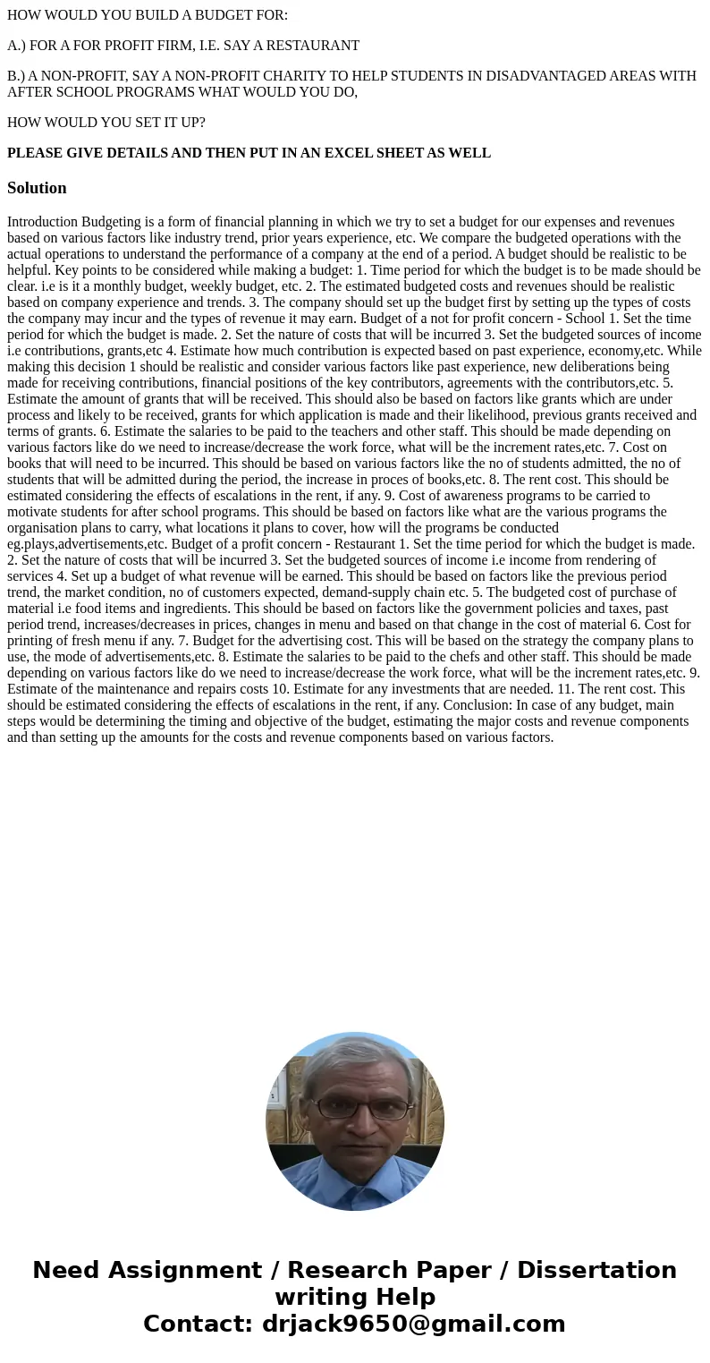 HOW WOULD YOU BUILD A BUDGET FOR: A.) FOR A FOR PROFIT FIRM, I.E. SAY A RESTAURANT B.) A NON-PROFIT, SAY A NON-PROFIT CHARITY TO HELP STUDENTS IN DISADVANTAGED 