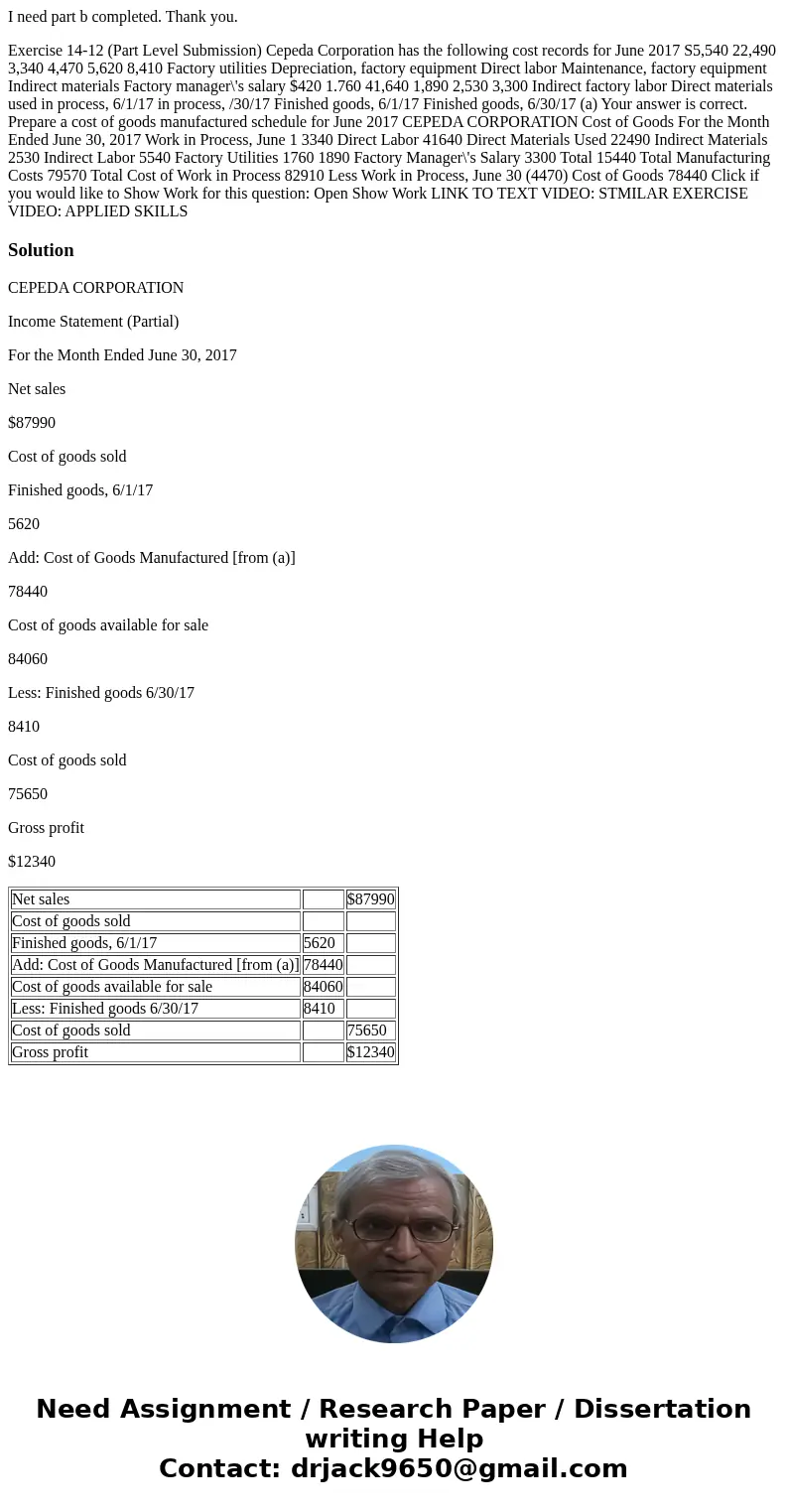 I need part b completed. Thank you. Exercise 14-12 (Part Level Submission) Cepeda Corporation has the following cost records for June 2017 S5,540 22,490 3,340 4