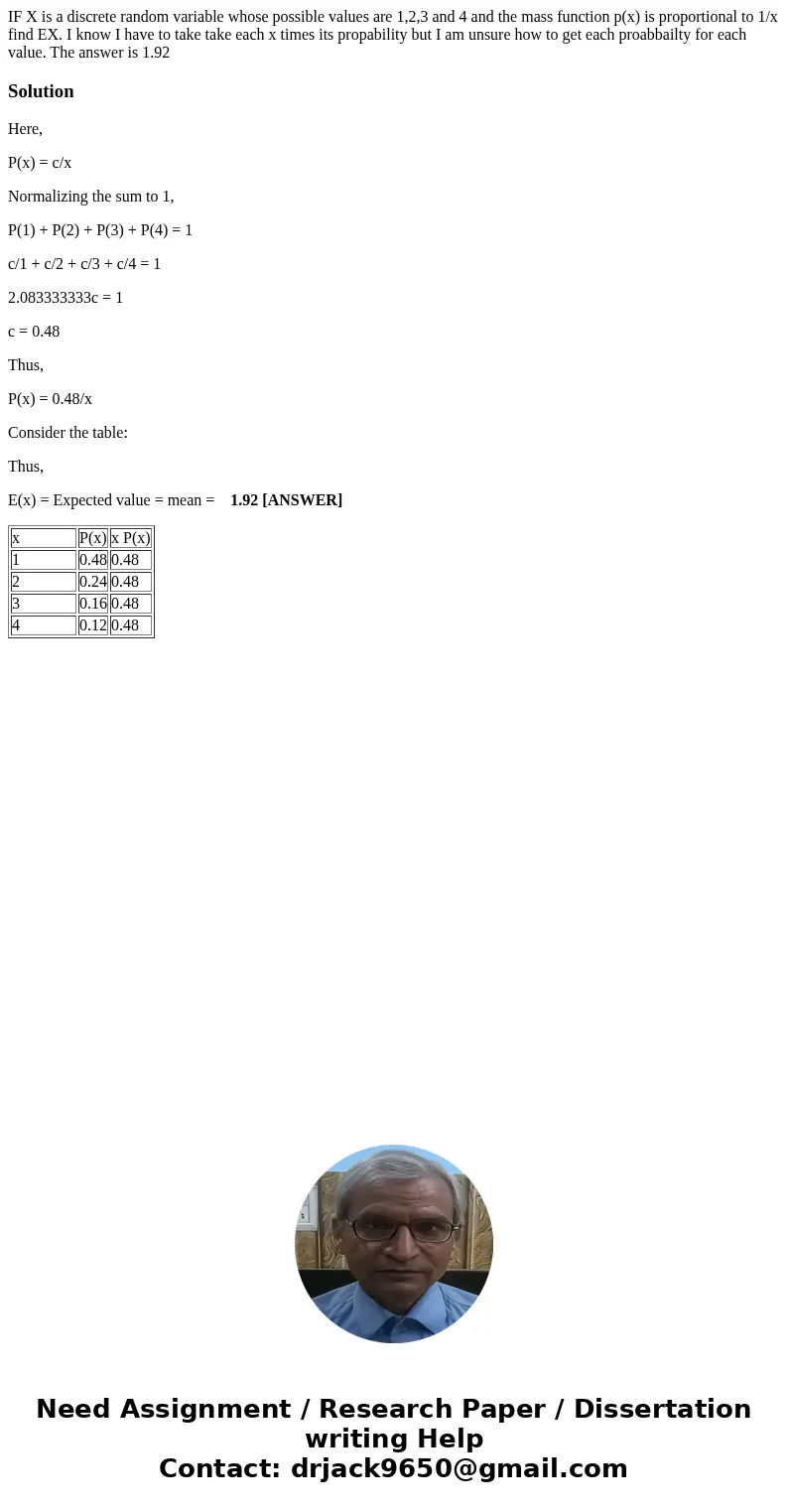 IF X is a discrete random variable whose possible values are 1,2,3 and 4 and the mass function p(x) is proportional to 1/x find EX. I know I have to take take e IF X is a discrete random variable whose possible values are 1,2,3 and 4 and the mass function p(x) is proportional to 1/x find EX. I know I have to take take e