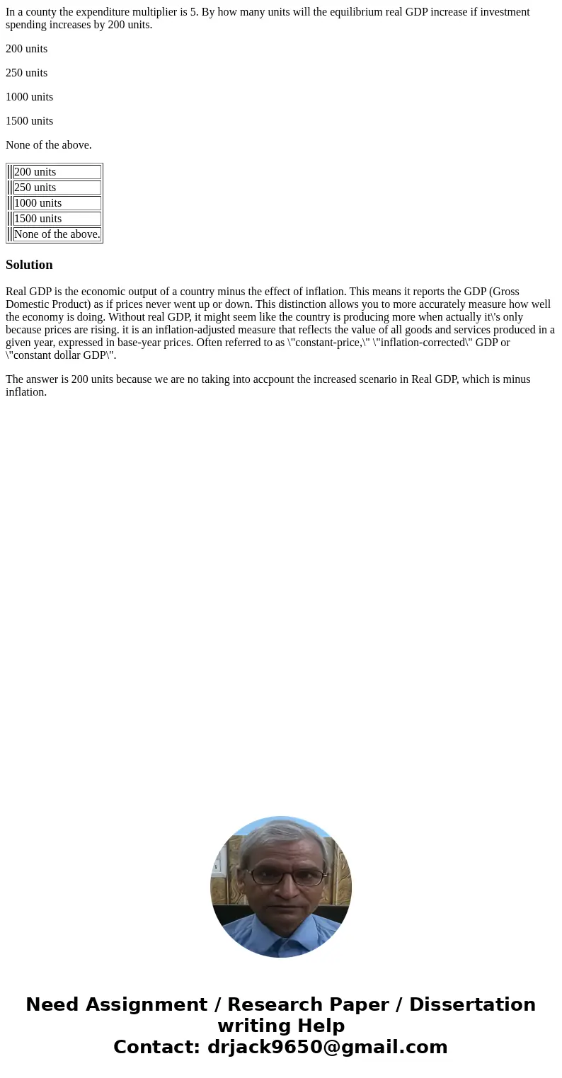 In a county the expenditure multiplier is 5. By how many units will the equilibrium real GDP increase if investment spending increases by 200 units. 200 units 2 In a county the expenditure multiplier is 5. By how many units will the equilibrium real GDP increase if investment spending increases by 200 units. 200 units 2