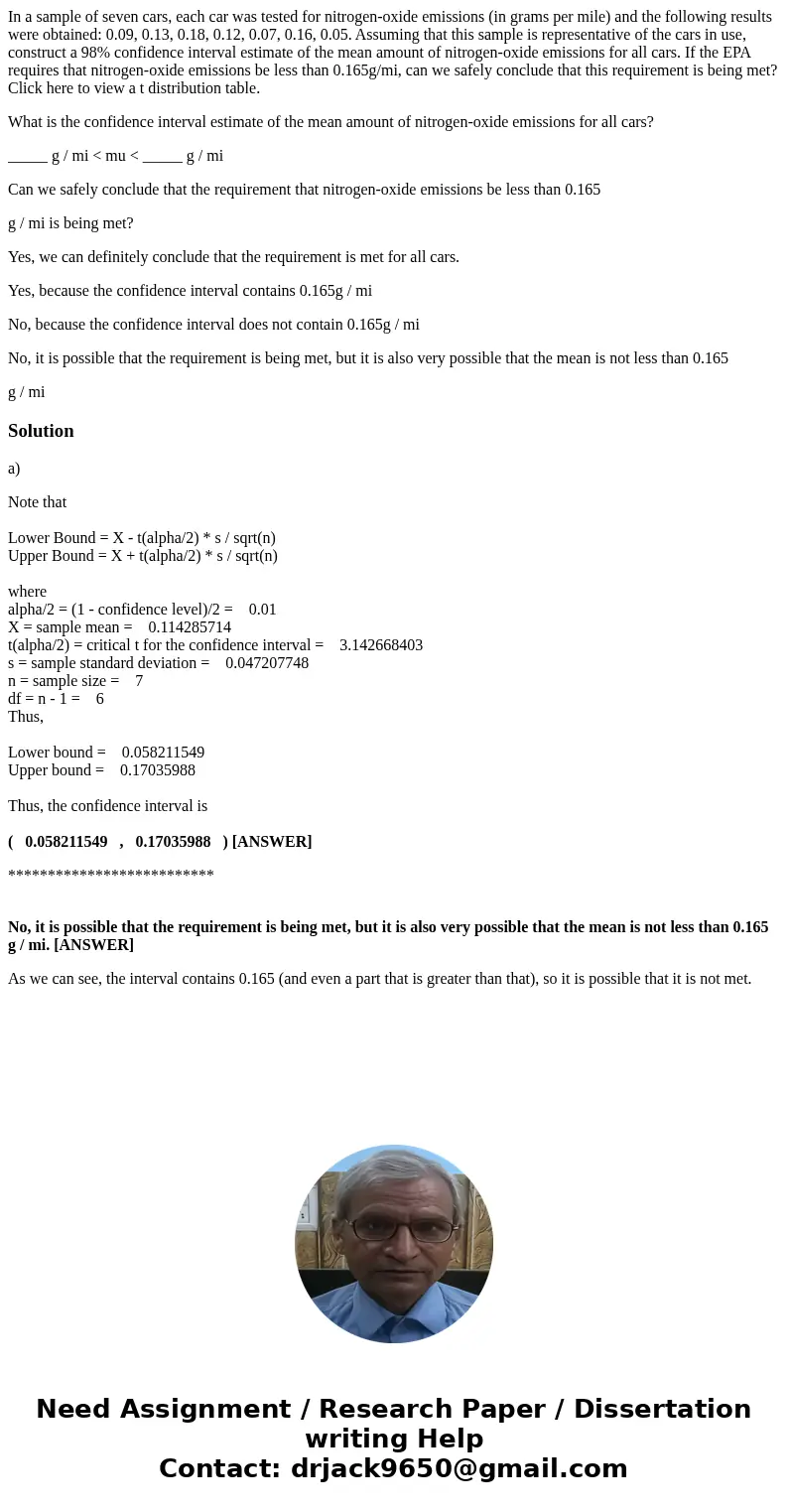 In a sample of seven cars, each car was tested for nitrogen-oxide emissions (in grams per mile) and the following results were obtained: 0.09, 0.13, 0.18, 0.12,