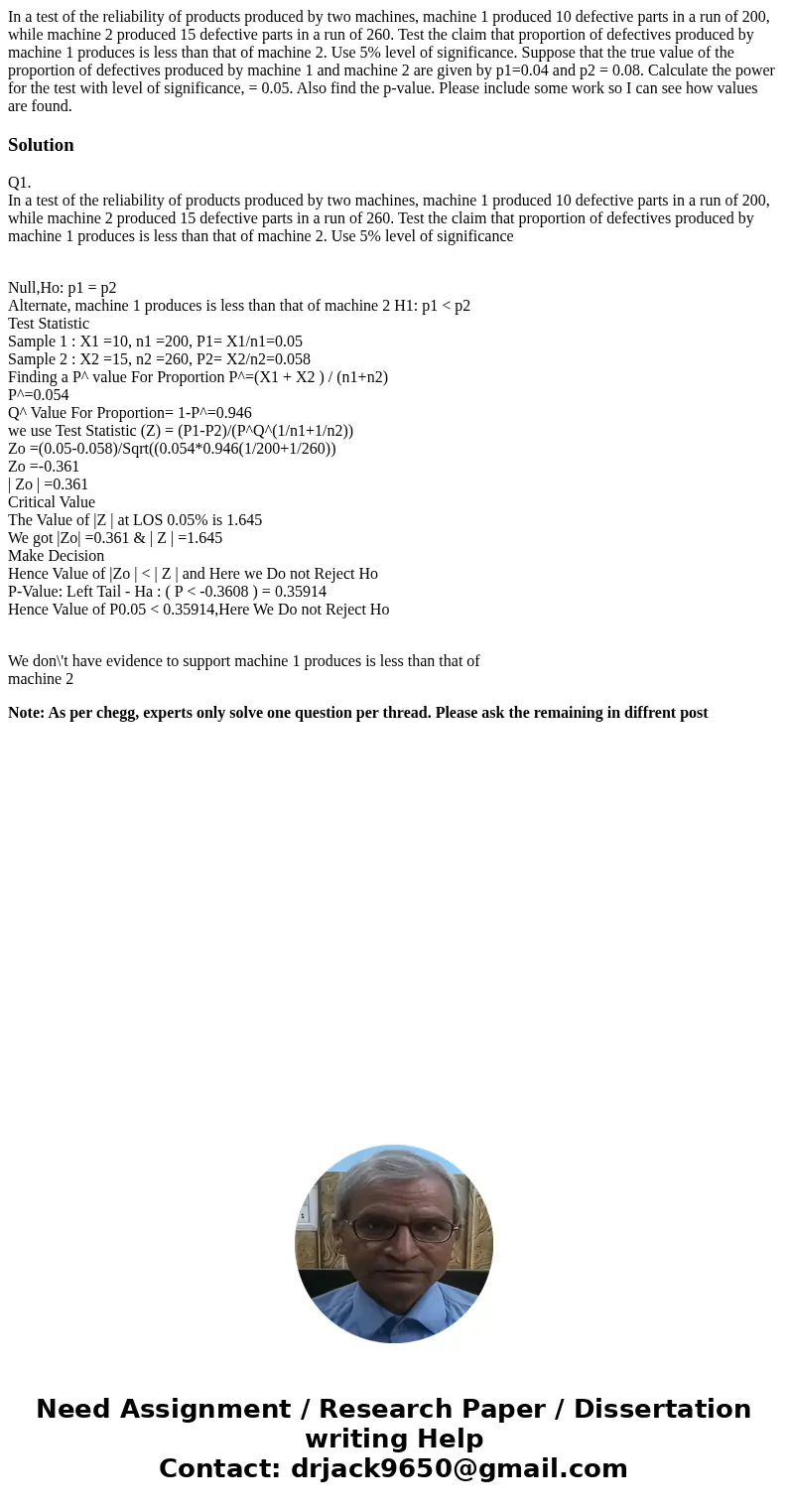 In a test of the reliability of products produced by two machines, machine 1 produced 10 defective parts in a run of 200, while machine 2 produced 15 defective 