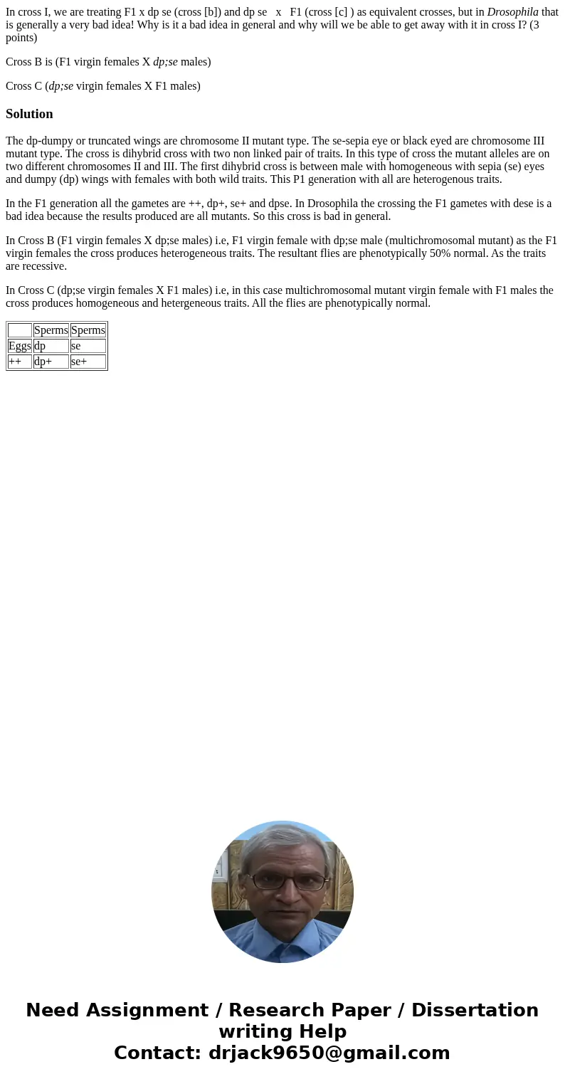 In cross I, we are treating F1 x dp se (cross [b]) and dp se x F1 (cross [c] ) as equivalent crosses, but in Drosophila that is generally a very bad idea! Why i