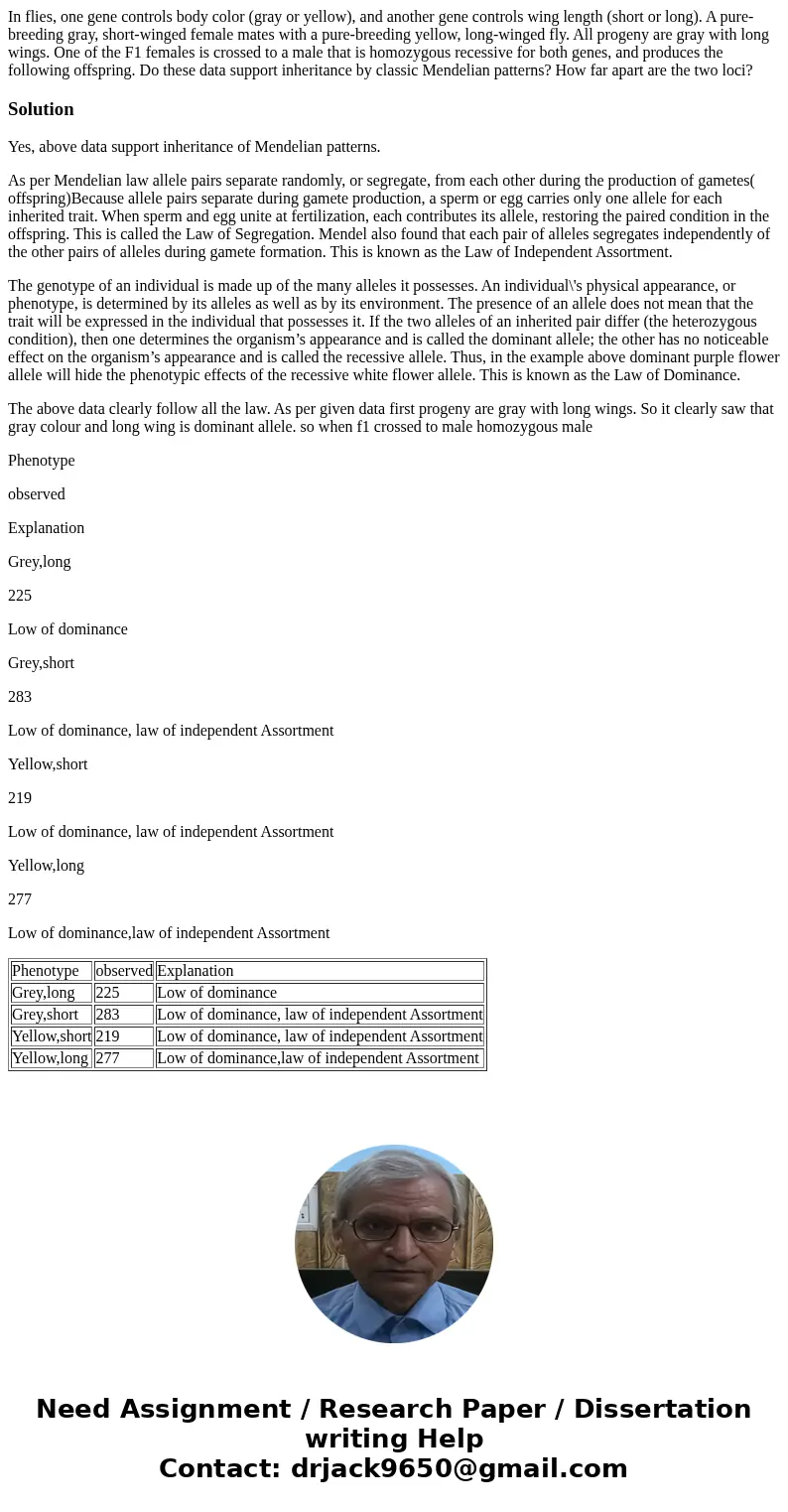  In flies, one gene controls body color (gray or yellow), and another gene controls wing length (short or long). A pure-breeding gray, short-winged female mates