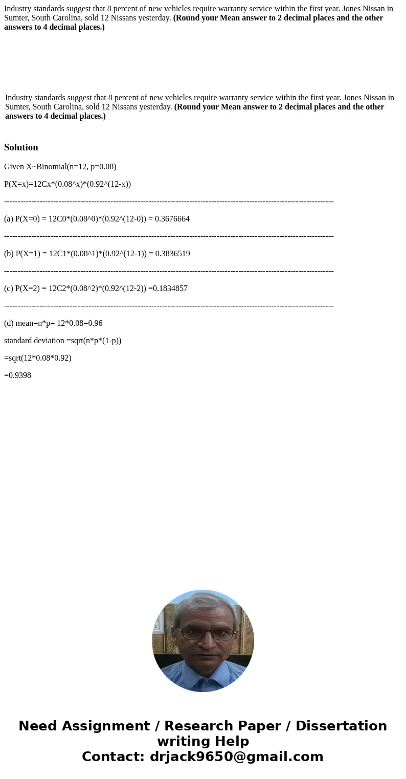Industry standards suggest that 8 percent of new vehicles require warranty service within the first year. Jones Nissan in Sumter, South Carolina, sold 12 Nissan
