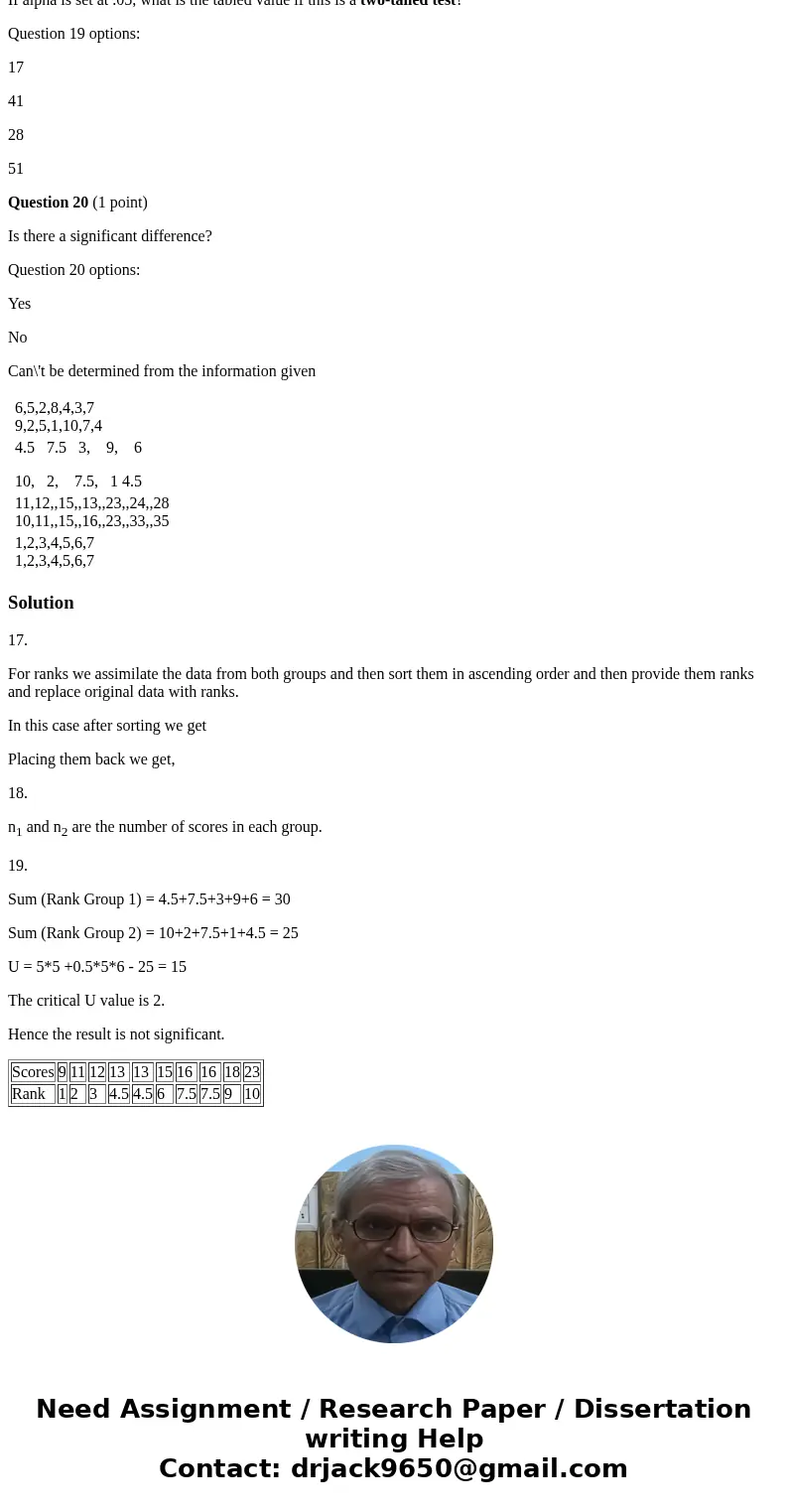 Information Raw Scores: Group 1: 13 16 12 18 15 Group 2: 23 11 16 9 13 Use the Data above for problems 17-20 Question 17 (1 point) Ranks: Question 17 options: 6