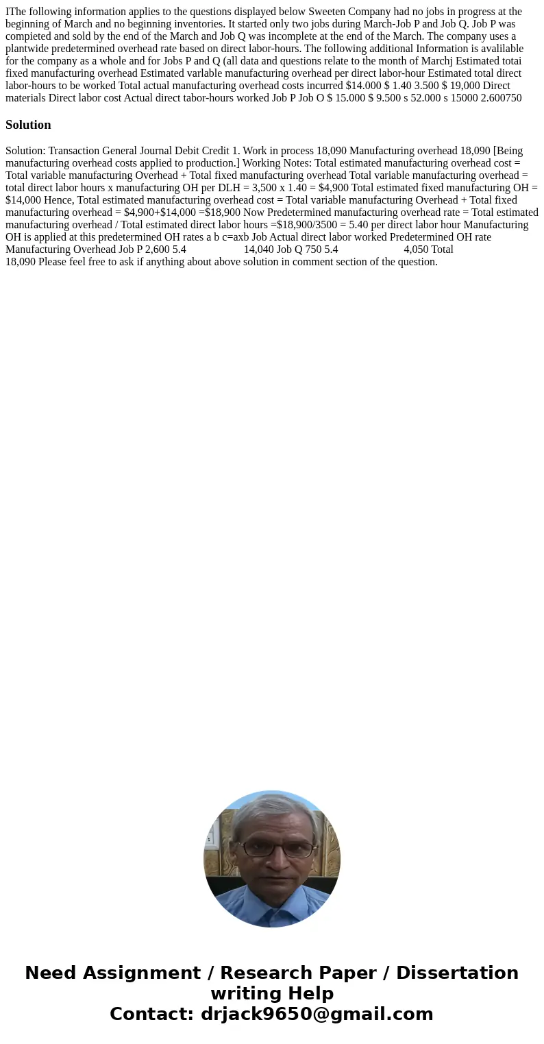  IThe following information applies to the questions displayed below Sweeten Company had no jobs in progress at the beginning of March and no beginning inventor