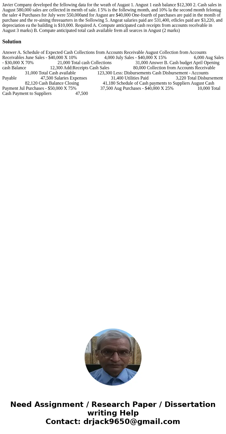  Javier Company developed the fellowing data for the weath of Augast 1. Angust 1 eash balance $12,300 2. Cash sales in August 580,000 sales are cellected in men