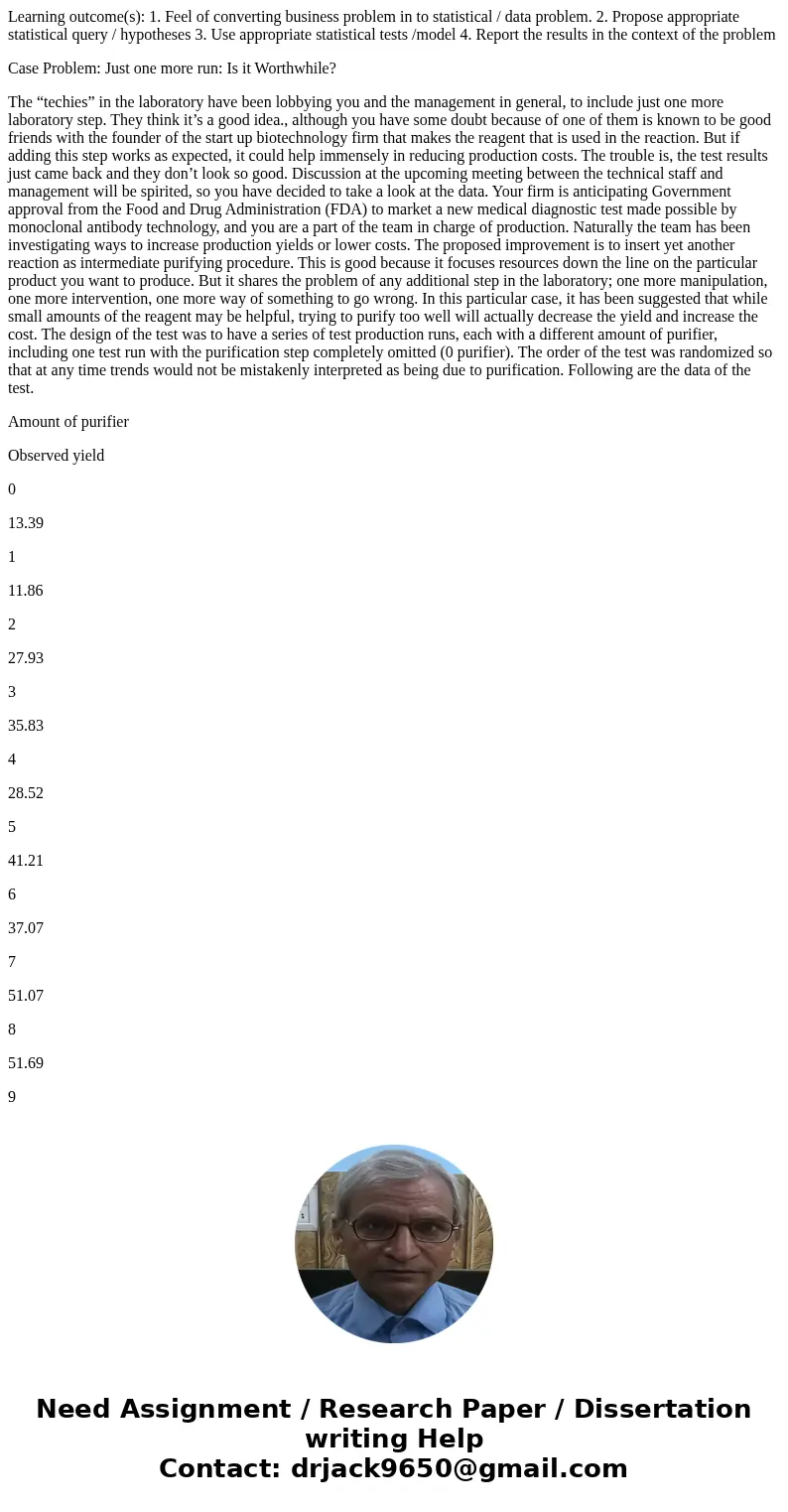 Learning outcome(s): 1. Feel of converting business problem in to statistical / data problem. 2. Propose appropriate statistical query / hypotheses 3. Use appro Learning outcome(s): 1. Feel of converting business problem in to statistical / data problem. 2. Propose appropriate statistical query / hypotheses 3. Use appro